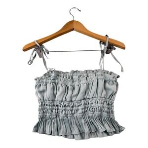 She + Sky Smocked Ruffle Crop Top Blue Green Tie Strap Size Small‎